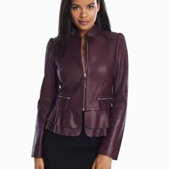 Elegant Women's Burgundy Leather Jacket - Picture 1 of 5